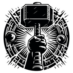 Thor's hammer in the hand of a man, black silhouette on a transparent background, vector for stencil.