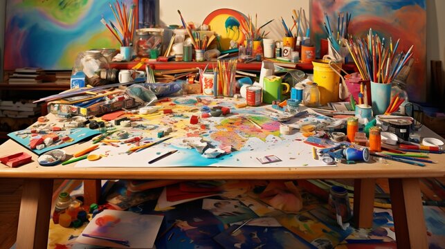 A children's study table painted in bright colors, strewn with crayons, drawing sheets, and toys.