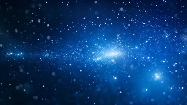 Blue particles abstract background with blue shining stars dust bokeh glitter awards dust. Futuristic glittering fly movement in space on a dark blue background