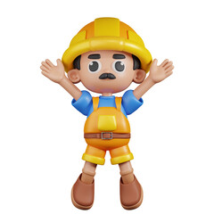 3d Character Builder Jumping Celebration Pose. 3d render isolated on transparent backdrop.