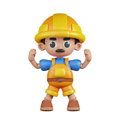 3d Character Builder Looking Strong Pose. 3d render isolated on transparent backdrop.