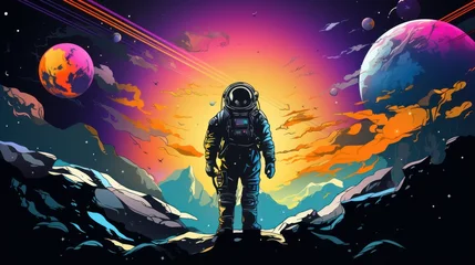 Foto op Plexiglas pace, science fiction, future. Vector illustrations of astronaut, galaxy, planet, moon, space objects for poster, background or cover © Hokmiran