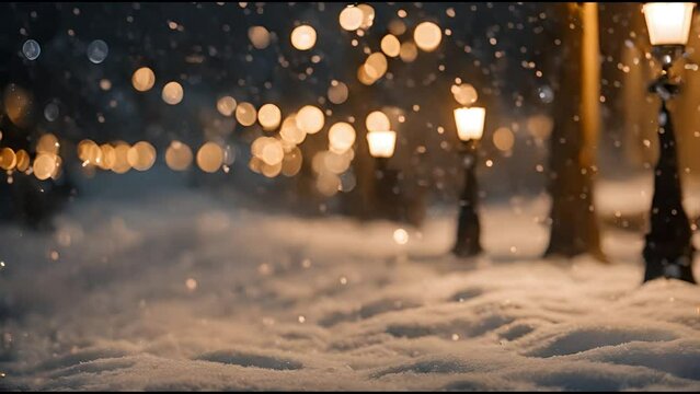 Winter in the park. snowing at Christmas time. Christmas night with lights and snowing