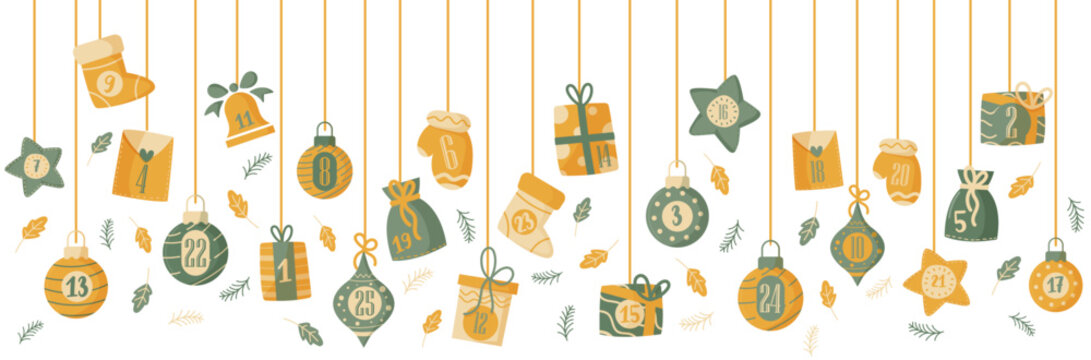 Calendrier de l'avent - Guirlande de Noël - Illustrations colorées et festives pour les fêtes de fin d'année - Numéros de 1 à 25 pour préparer les fêtes - Culture et tradition - Décembre - Célébration