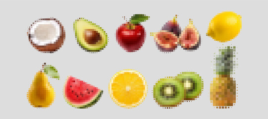 Fresh fruits are filled with healthy vitamins and minerals. Assortment of fruits to quench hunger and thirst. Piece of coconut near avocado and apple. Organic fig or pear with orange