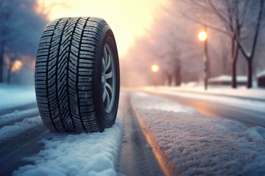 Snow tires on slippery surface, safety while driving. Generative AI