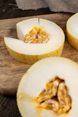sliced sweet light yellow melon, close-up