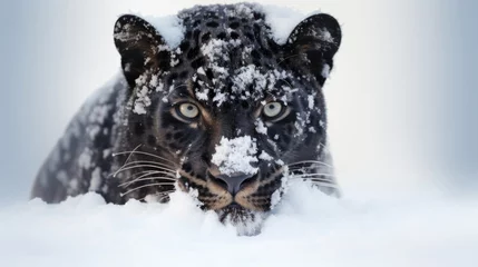 Fotobehang Close-up of black wild panther on snow in the nature, wild animal © mariiaplo