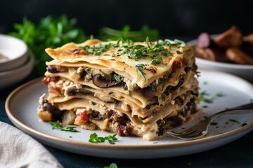 Herb-filled vegetarian lasagna with cheesy layers on a plate. Generative AI