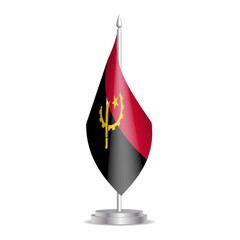 Obraz premium Angola flag - 3D mini flag hanging on desktop flagpole. Usable for summit or conference presentaiton. Vector illustration with shading.