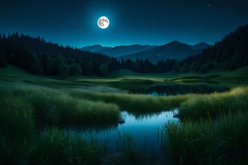Pond on the mountain meadow at night. wonderful summer landscape in full moon light. grass and trees on the hills. ridge in the distance. beautiful wide panorama
