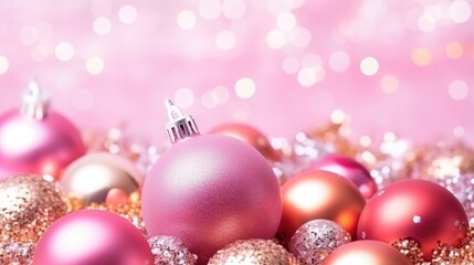 Fototapeta premium Pinkmas concept. Pink Christmas tree branches decorated with ornaments in pink color. Merry Xmas, Happy New Year 2024 in trendy colors. Vibrant colorful background for cards, invitations, greetings.