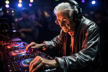 Fototapeta na wymiar A senior man, wearing glasses and headphones, spins tracks as a DJ in a club with his silver hair.