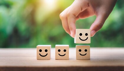 Flipping of wooden cube block from sad to smile emotion, feedback concept