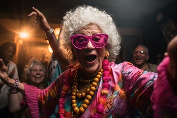 A senior woman with silver, curly hair, a stylish updo, glasses, and beaded necklaces dances among a crowd of friends.