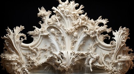 A close-up of a fountain's ornate centerpiece, intricate carvings directing water flow, on a radiant white stage.