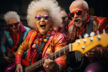 A group of elderly friends, a woman with colorful glasses and grey hair, strums the electric guitar together