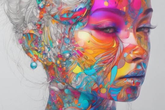 abstract painting of beautiful woman with colorful strokes abstract painting of beautiful woman with colorful strokes creative art portrait of young beautiful woman with colorful hair.