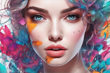 digital art painting of a female face with colorful flowers digital art painting of a female face with colorful flower 3d illustration. colorful woman face with beautiful makeup and flowers. beauty an
