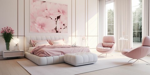 AI generated illustration of a cozy bedroom with a soft pink and white color palette