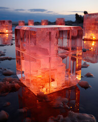 Frozen Fantasy: Majestic Ice Sculptures Illuminated at Sunset