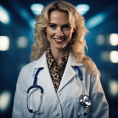 Young Female Doctor with Leopard Prints and White Coat Posing on a Blue Background