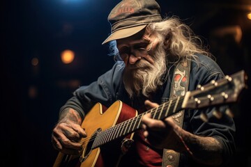A wise, grey-haired musician performs deep and soulful melodies on his acoustic guitar, leaving a lasting impression