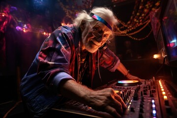 Senior male DJ, with gray hair and headphones, rocks the club from the DJ booth with his music.