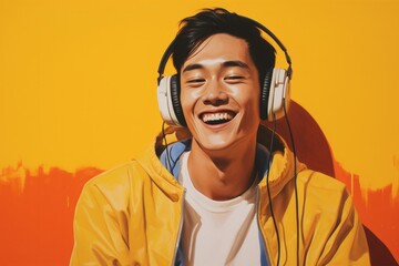 Portrait smile happy headphones male adult person guy young listen music - obrazy, fototapety, plakaty