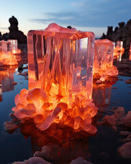 Frozen Fantasy: Majestic Ice Sculptures Illuminated at Sunset