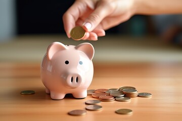 Hand putting a coin on pig saving. a pile of coins, business, investment, finance, and Money Saving for future concepts, save money.