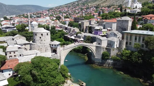 View of the city Mostar in Bosnia and Herzegovina Old bridge drone video