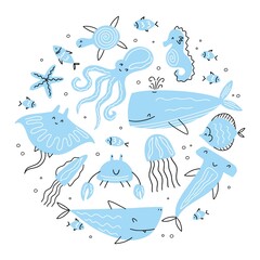Round illustration from a collection of funny sea creatures, hand-drawn in the style of doodles