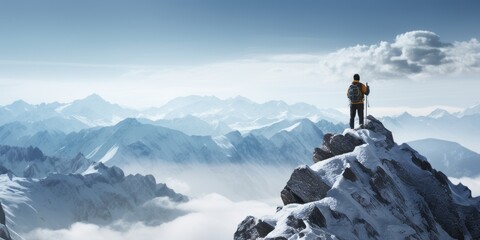 Hiker photographer in snowy mountain peak