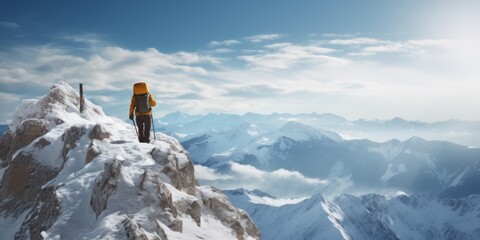 Hiker photographer in snowy mountain peak - obrazy, fototapety, plakaty