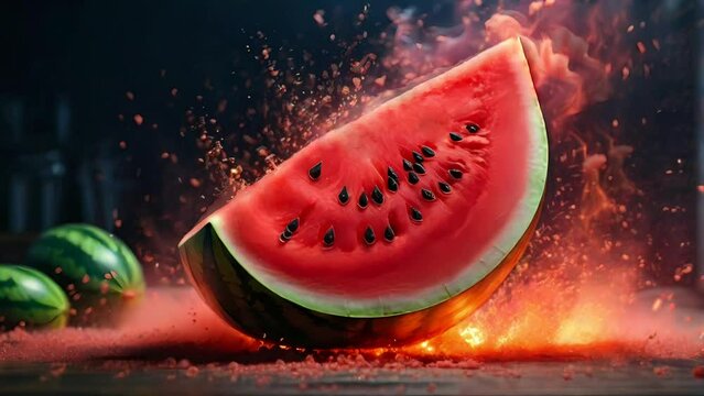 slice of watermelon on fire, seamless looping video animated background