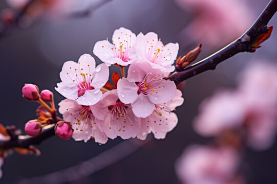 Closeup of  blossom flower on dark blur background. Macro cherry blossom photography. Generative Ai