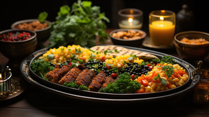 Assorted Dishes of Arabic Cuisine Middle Eastern Traditional Lunch Selective Focus Background