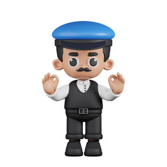 3d Character Driver Giving Ok Hand Gesture Pose. 3d render isolated on transparent backdrop.