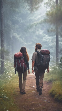 A couple is trekking together