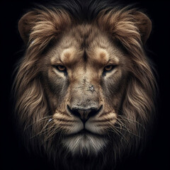 Fototapeta premium Face of an adult lion with black background