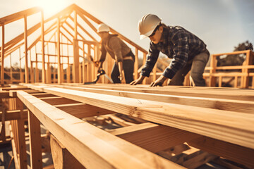 Workers are constructing a wooden roof for house building - obrazy, fototapety, plakaty