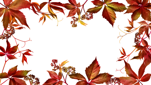 Autumn frame of wild grape leaves on transparent background with possibility to change background color. Fall colors, copy space.