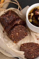 chocolate mass made from butter with the addition of cocoa and peanuts with cookies