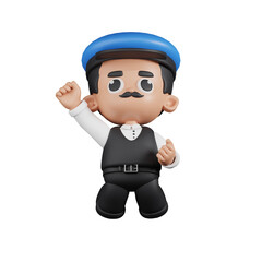 3d Character Driver Jumping In The Air Pose. 3d render isolated on transparent backdrop.