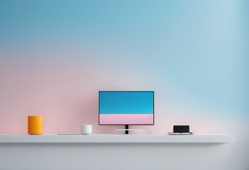 modern tv with blank screen on colorful desk with blue wall background 3d rendering illustration modern tv with blank screen on colorful desk with blue wall background 3d rendering illustration modern