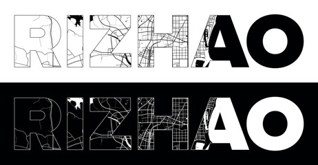 Rizhao City Name (China, Asia) with black white city map illustration vector