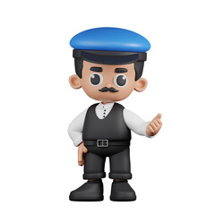 3d Character Driver Pointing Next Pose. 3d render isolated on transparent backdrop.