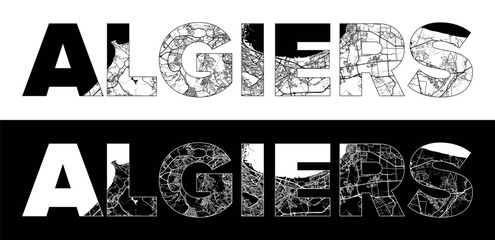 Algiers City Name (Algeria, Africa) with black white city map illustration vector