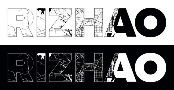 Rizhao City Name (China, Asia) with black white city map illustration vector